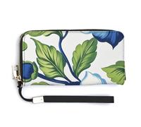Jubonexis Blue and Green Floral Pattern PU Leather Clutch Long Bifold Wallet, Coin Purse Credit Pass Case, Durable Card-Holder Money Storage for Women Men