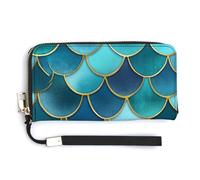 Jubonexis Blue and Teal Fish Scale Shapes PU Leather Clutch Long Bifold Wallet, Coin Purse Credit Pass Case, Durable Card-Holder Money Storage for Women Men