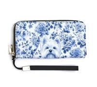 Jubonexis Blue and White Floral R Dog Flower Pattern PU Leather Clutch Long Bifold Wallet, Coin Purse Credit Pass Case, Durable Card-Holder Money Storage for Women Men