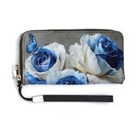 Jubonexis Blue and White Roses PU Leather Clutch Long Bifold Wallet, Coin Purse Credit Pass Case, Durable Card-Holder Money Storage for Women Men