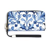 Jubonexis Blue and White Spanish Tile Pattern PU Leather Clutch Long Bifold Wallet, Coin Purse Credit Pass Case, Durable Card-Holder Money Storage for Women Men