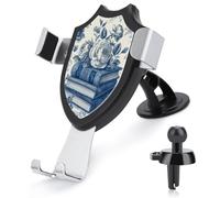 Jubonexis Blue And White Vintage Books Roses Car Phone Holder Mount Triangle Clip Base Air Vent Cell Phone Car Mount Automotive Accessories for 4-6 Inches Cell Smartphones