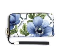 Jubonexis Blue Anemone Flowers Butterflies PU Leather Clutch Long Bifold Wallet, Coin Purse Credit Pass Case, Durable Card-Holder Money Storage for Women Men