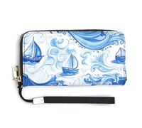 Jubonexis Blue Boats on White Ocean Wave PU Leather Clutch Long Bifold Wallet, Coin Purse Credit Pass Case, Durable Card-Holder Money Storage for Women Men