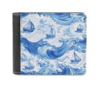 Jubonexis Blue Boats on White Ocean Wave Soft PU Leather Bifold Wallet, Coin Purse Credit Pass Case, Durable Card-Holder Slim Billfold for Men Woman Money Storage
