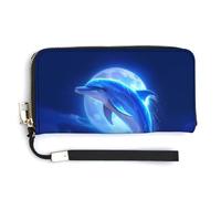 Jubonexis Blue Dolphin Jumping Out of The Water PU Leather Clutch Long Bifold Wallet, Coin Purse Credit Pass Case, Durable Card-Holder Money Storage for Women Men