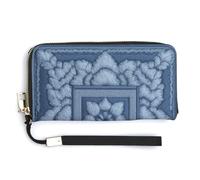 Jubonexis Blue Embroidery Pattern Structured Square PU Leather Clutch Long Bifold Wallet, Coin Purse Credit Pass Case, Durable Card-Holder Money Storage for Women Men