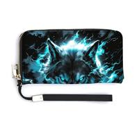 Jubonexis Blue Fire Wolf with Glowing Eyes PU Leather Clutch Long Bifold Wallet, Coin Purse Credit Pass Case, Durable Card-Holder Money Storage for Women Men