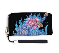 Jubonexis Blue Flames Katana Peony Flowers PU Leather Clutch Long Bifold Wallet, Coin Purse Credit Pass Case, Durable Card-Holder Money Storage for Women Men