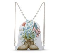 Jubonexis Blue Flower American Flag Military Boots Drawstring Backpack Canvas String Bag Lightweight Sports Gym Bag for Men Women