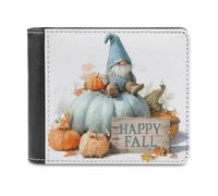 Jubonexis Blue Gnome on Large Pumpkin Soft PU Leather Bifold Wallet, Coin Purse Credit Pass Case, Durable Card-Holder Slim Billfold for Men Woman Money Storage