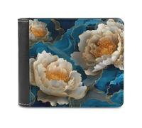 Jubonexis Blue Gold Liquid Water Peonies Soft PU Leather Bifold Wallet, Coin Purse Credit Pass Case, Durable Card-Holder Slim Billfold for Men Woman Money Storage