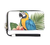 Jubonexis Blue Macaw on Tropical Flowers PU Leather Clutch Long Bifold Wallet, Coin Purse Credit Pass Case, Durable Card-Holder Money Storage for Women Men