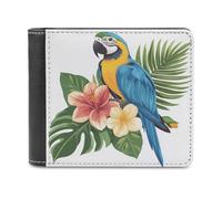 Jubonexis Blue Macaw on Tropical Flowers Soft PU Leather Bifold Wallet, Coin Purse Credit Pass Case, Durable Card-Holder Slim Billfold for Men Woman Money Storage