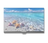 Jubonexis Blue Ocean White Sand Seashells Starfish Business Card Holder, Pocket Slim Metal Business Card Case for Women Men