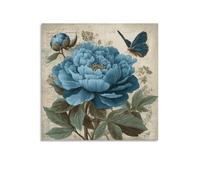 Jubonexis Blue Peony And Butterfly Vintage Canvas Wall Art Poster Painting Aesthetic Picture for Living Room Farmhouse Decor Unframed 16x16inch(40x40cm)