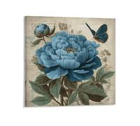 Jubonexis Blue Peony And Butterfly Vintage Canvas Wall Art Poster Painting Aesthetic Picture for Living Room Farmhouse Decor Unframed 16x16inch(40x40cm)