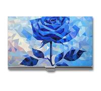 Jubonexis Blue Rose Geometric Mosaic Flower Business Card Holder, Pocket Slim Metal Business Card Case for Women Men