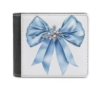 Jubonexis Blue Satin Holiday Bow with Pastel Pink Mistletoe Charm Soft PU Leather Bifold Wallet, Coin Purse Credit Pass Case, Durable Card-Holder Slim Billfold for Men Woman Money Storage