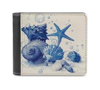 Jubonexis Blue Seashells Starfish and Bubbles Soft PU Leather Bifold Wallet, Coin Purse Credit Pass Case, Durable Card-Holder Slim Billfold for Men Woman Money Storage