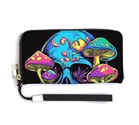 Jubonexis Blue Skull with Colorful Mushrooms PU Leather Clutch Long Bifold Wallet, Coin Purse Credit Pass Case, Durable Card-Holder Money Storage for Women Men