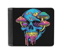 Jubonexis Blue Skull with Colorful Mushrooms Soft PU Leather Bifold Wallet, Coin Purse Credit Pass Case, Durable Card-Holder Slim Billfold for Men Woman Money Storage