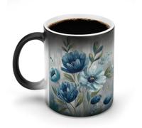 Jubonexis Blue Soft Teal Floral with Green Leaves Color Changing Mugs Heat Changing Ceramic Coffee Mug Novelty Funny Tea Water Cup 11OZ