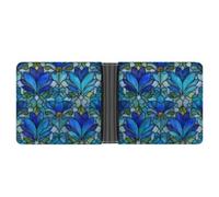 Jubonexis Blue Stained Glass Floral Plants Pattern Soft PU Leather Bifold Wallet, Coin Purse Credit Pass Case, Durable Card-Holder Slim Billfold for Men Woman Money Storage
