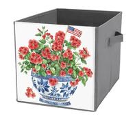 Jubonexis Blue White Planter with Red Geraniums American Flag Cube Storage Bins Storage Cubes Foldable Decorative Fabric Storage Baskets Home Organizers with Handles for Shelves,Closet, 27x27 CM