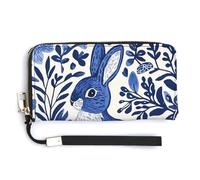 Jubonexis Blue White Rabbit Silhouette Floral Pattern PU Leather Clutch Long Bifold Wallet, Coin Purse Credit Pass Case, Durable Card-Holder Money Storage for Women Men