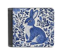 Jubonexis Blue White Rabbit Silhouette Floral Pattern Soft PU Leather Bifold Wallet, Coin Purse Credit Pass Case, Durable Card-Holder Slim Billfold for Men Woman Money Storage