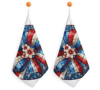 Jubonexis Blue White Red Bow Ribbon with Flowers Small Hand Towel with Hanging Loop 2 PCS Absorbent Soft Wash Cloth for Kitchen Bathroom
