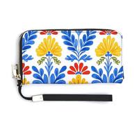 Jubonexis Blue Yellow Red Traditional Folk Art Floral PU Leather Clutch Long Bifold Wallet, Coin Purse Credit Pass Case, Durable Card-Holder Money Storage for Women Men