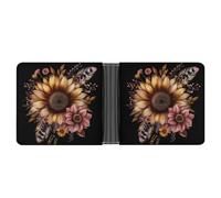 Jubonexis Boho Sunflower with Feathers and Pink Flowers Soft PU Leather Bifold Wallet, Coin Purse Credit Pass Case, Durable Card-Holder Slim Billfold for Men Woman Money Storage