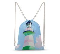 Jubonexis Bold Green White Striped Lighthouse Tower Drawstring Backpack Canvas String Bag Lightweight Sports Gym Bag for Men Women