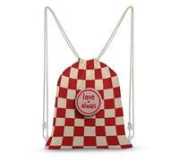 Jubonexis Bold Red Cream Checkerboard Text Love Always Drawstring Backpack Canvas String Bag Lightweight Sports Gym Bag for Men Women