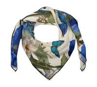 Jubonexis Botanical Blue Birds And Butterflies Women Hair Scarf Square Silk Like Head Scarves Handkerchief Satin Neck Scarf