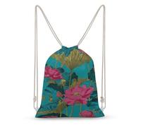 Jubonexis Botanical Pattern of Pink Lotus Flowers Drawstring Backpack Canvas String Bag Lightweight Sports Gym Bag for Men Women