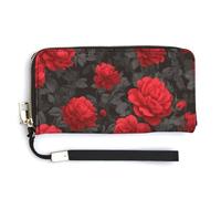 Jubonexis Bright Poppy Red Rose Pattern Vintage PU Leather Clutch Long Bifold Wallet, Coin Purse Credit Pass Case, Durable Card-Holder Money Storage for Women Men