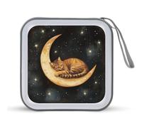 Jubonexis Brown Cat Sleeping on Crescent Moon CD Case DVD Storage Case Portable for Car Home Travel