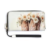 Jubonexis Brown Cowgirl Boots White Flowers PU Leather Clutch Long Bifold Wallet, Coin Purse Credit Pass Case, Durable Card-Holder Money Storage for Women Men