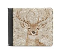 Jubonexis Brown Deer with White Flowers on Beige Soft PU Leather Bifold Wallet, Coin Purse Credit Pass Case, Durable Card-Holder Slim Billfold for Men Woman Money Storage