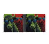 Jubonexis Bull and Bear Wearing Sunglasses Green Red Soft PU Leather Bifold Wallet, Coin Purse Credit Pass Case, Durable Card-Holder Slim Billfold for Men Woman Money Storage