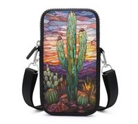 Jubonexis Cactus Stained Glass in Desert Crossbody Mobile Phone Bag Smartphone Bag With Adjustable Strap black