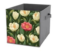 Jubonexis Camellia Flower Pattern on Green Cube Storage Bins Storage Cubes Foldable Decorative Fabric Storage Baskets Home Organizers with Handles for Shelves,Closet, 27x27 CM