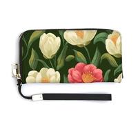 Jubonexis Camellia Flower Pattern on Green PU Leather Clutch Long Bifold Wallet, Coin Purse Credit Pass Case, Durable Card-Holder Money Storage for Women Men