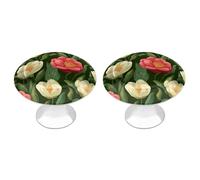 Jubonexis Camellia Flower Pattern on Green Round Drawer Cabinet Knobs Handles with Screws,2 Pcs, Drawer Dresser Knob Pulls Decor for Wardrobe Cupboard Home Office Kitchen
