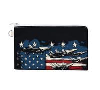 Jubonexis Canvas Wallet Bag,American Flag and Fighter Jets Print Coin Purse, Zipper Change Purse,Small Cosmetic Bag