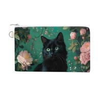 Jubonexis Canvas Wallet Bag,Black Cat with Beautiful Flowers Print Coin Purse, Zipper Change Purse,Small Cosmetic Bag