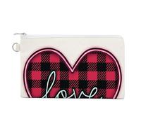 Jubonexis Canvas Wallet Bag,Black RED Plaid Pattern Heart Love Print Coin Purse, Zipper Change Purse,Small Cosmetic Bag